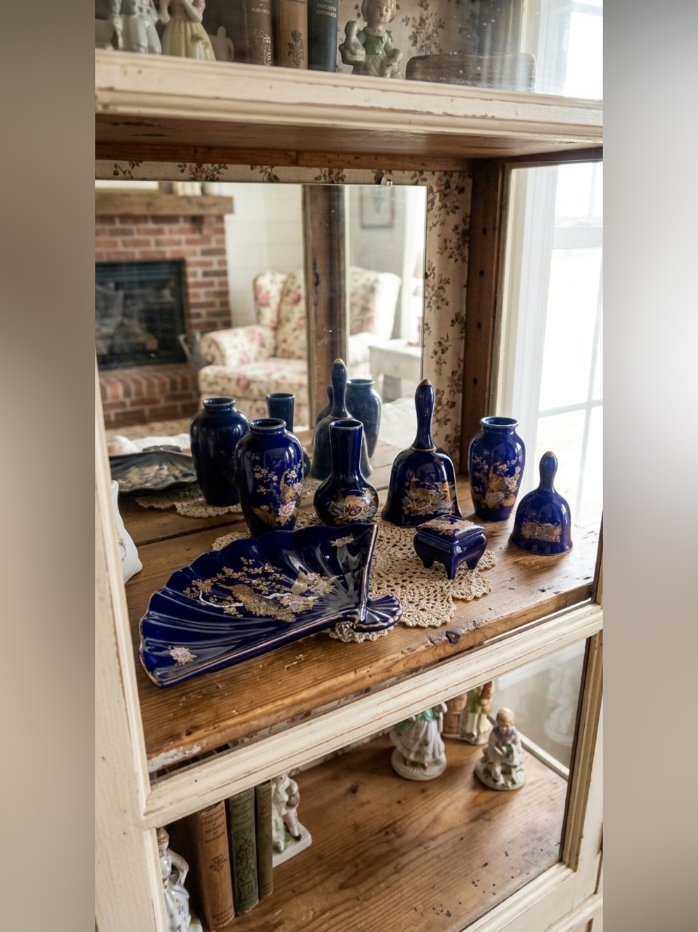 Vintage Japanese Cobalt Blue Peacock Porcelain Vanity Set - 7 Piece Lot